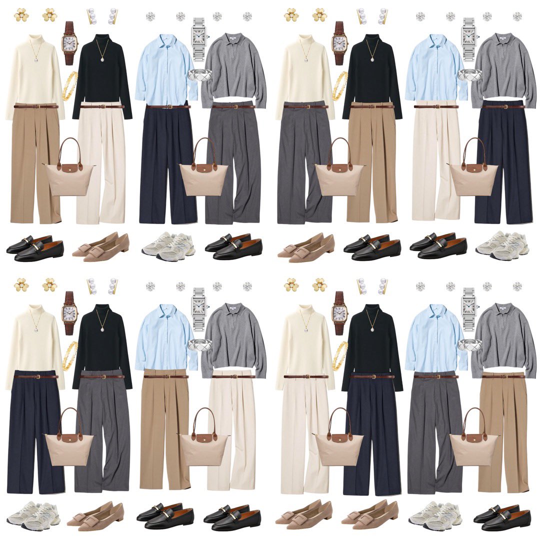 sawa_outfits's tweet photo. 通勤コーデはプチプラ×着回しでコスパよくオシャレしたいOLさんへ👩‍💼

ユニクロのタックワイドパンツ4色とトップス4着で16通りのコーデが完成👗トップスをインするスタイルは細ベルトをプラスすると一気に垢抜ける🫶
タックワイドパンツは27日までセールで2990円みたい！ https://t.co/czEF1POC74