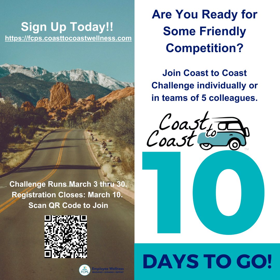 FCPS Employee Wellness (@fcpswellness) on Twitter photo Feb 21
Coast to Coast Spring Challenge
Join Today: fcps.coasttocoastwellness.com
To learn more, watch the Coast to Coast video at tinyurl.com/2s4f3hdp
Don't miss out on the adventure!
<a href="/FCPSWellness/">FCPS Employee Wellness</a>
#CoasttoCoastChallenge #LetsGoFCPS Feb 21
Coast to Coast Spring Challenge
Join Today: fcps.coasttocoastwellness.com
To learn more, watch the Coast to Coast video at tinyurl.com/2s4f3hdp
Don't miss out on the adventure!
<a href="/FCPSWellness/">FCPS Employee Wellness</a>
#CoasttoCoastChallenge #LetsGoFCPS