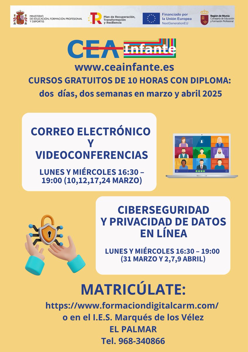 CEAInfante's tweet image. Información de los cursos de #Capacitacióndigital en nuestras Sedes De Murcia, Beniaján y El Palmar. Matrícula abierta la próxima semana para los primeros cursos de cada sede.