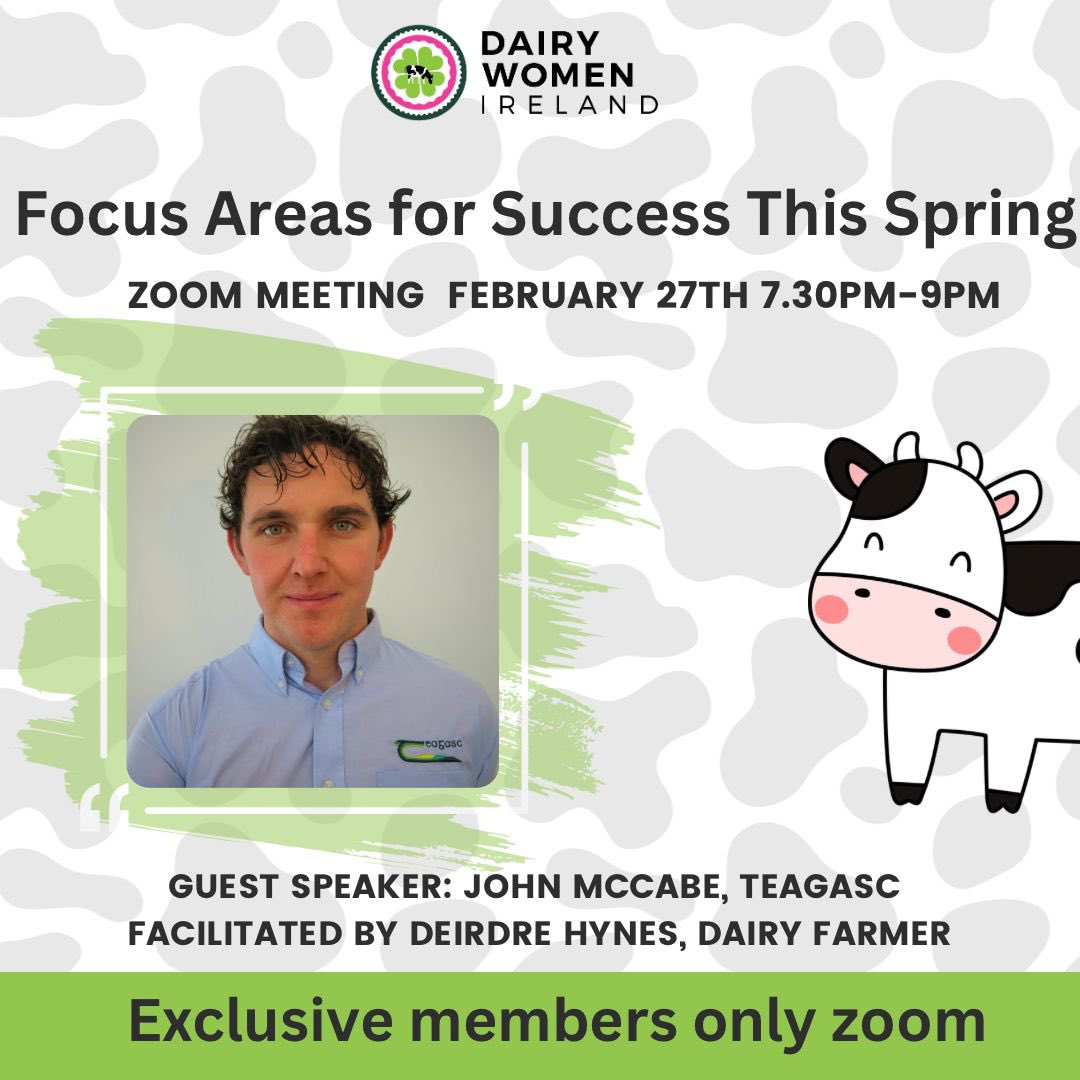 🚜 DWI Members-Only Zoom! 🌱🐄

Join us Thurs, Feb 27 @ 7:30 PM for expert tips on a successful spring with John McCabe <a href="/teagasc/">Teagasc</a> &amp; Deirdre Hynes. Topics:
✅ Grass management
✅ At-risk cows 🐄
✅ Days in milk
✅ Calf &amp; weanling targets
No RSVP—Link shared 1hr before. #DWI