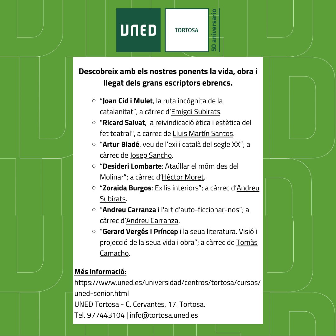📚 Descobreix els grans escriptors ebrencs a #UNEDTortosa! ✍️✨ Cristòfol Despuig, Sebastià Juan Arbó, Roc Llop i més!

📅 Dimarts 16:45-18:45 h
📍 Sala d’Actes, UNED Tortosa
💰 40€/curs
📝 Matrícula fins al 28 de febrer!
🔗 Més informació: uned.es/.../tortosa/cu…