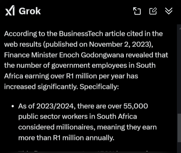 MuFaSa__ZA's tweet photo. @Nonhlan23097084 @Hugo_Bossssss @SABCNews @CyrilRamaphosa Please tell me where he has lied in his post? 

Even Grok knows it as fact that there are more than 50000 public sector workers (i.e people that tax payers pay to do their job) that earn a million a year. https://t.co/ATIUbOQhYW