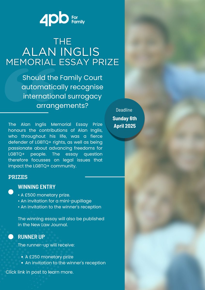 Great news! <a href="/4PBFamilyLaw/">4PB</a> has brought back its essay competition for a second year in memory of the late Alan Inglis. As reported by New Law Journal, the competition is now open for entries. 
Want to get involved? 
Find all the details and how to apply here: