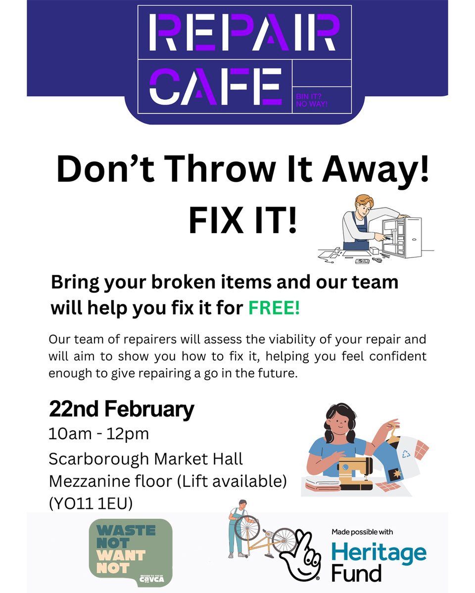 CaVCA (@cavca1) on Twitter photo 🚨 TOMORROW 🚨
Don't throw it away!
FIX IT!
Bring your broken items and our team will help you fix it for FREE!
22nd February
10am-12pm
Scarborough Market Hall & Vaults
Mezzanine floor (Lift available)
YO11 1EU
Made possible with <a href="/HeritageFundUK/">The National Lottery Heritage Fund</a> 🚨 TOMORROW 🚨
Don't throw it away!
FIX IT!
Bring your broken items and our team will help you fix it for FREE!
22nd February
10am-12pm
Scarborough Market Hall & Vaults
Mezzanine floor (Lift available)
YO11 1EU
Made possible with <a href="/HeritageFundUK/">The National Lottery Heritage Fund</a>