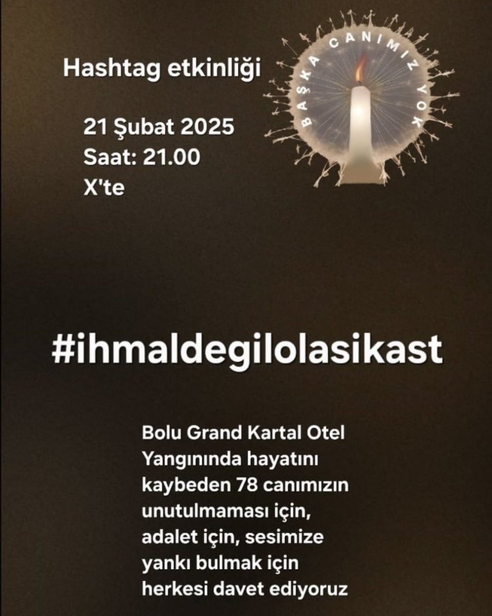 Bugün Grand Otel Kartalkaya Faciası’nın birinci ayı. Herkesi  21.00’de bu hashtag etkinliğine bekliyoruz. Yanlarında olmamız, konuyu gündemde tutmamız, adalet arayışlarında yalnız bırakmamamız, acılı ailelere bir nebze iyi geliyor. <a href="/baskacanimizyok/">Başka Canımız Yok</a>