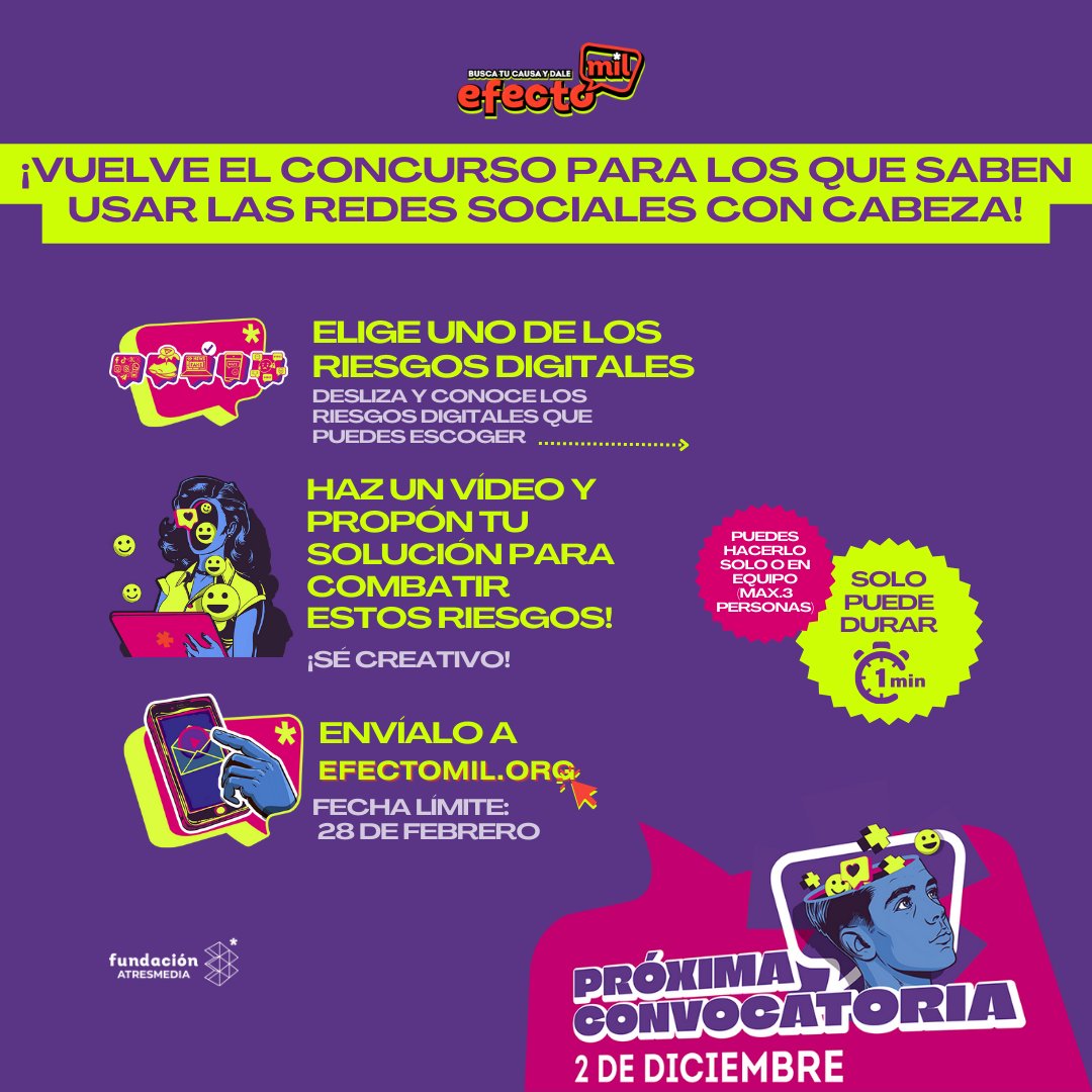 La <a href="/FundATRESMEDIA/">Fundación Atresmedia</a> pone en marcha la iniciativa #EfectoMIL para concienciar a los jóvenes sobre el buen uso de las redes sociales.
Si tienes entre 16 y 25 años, tienes hasta el 28 de febrero para participar👉efectomil.org