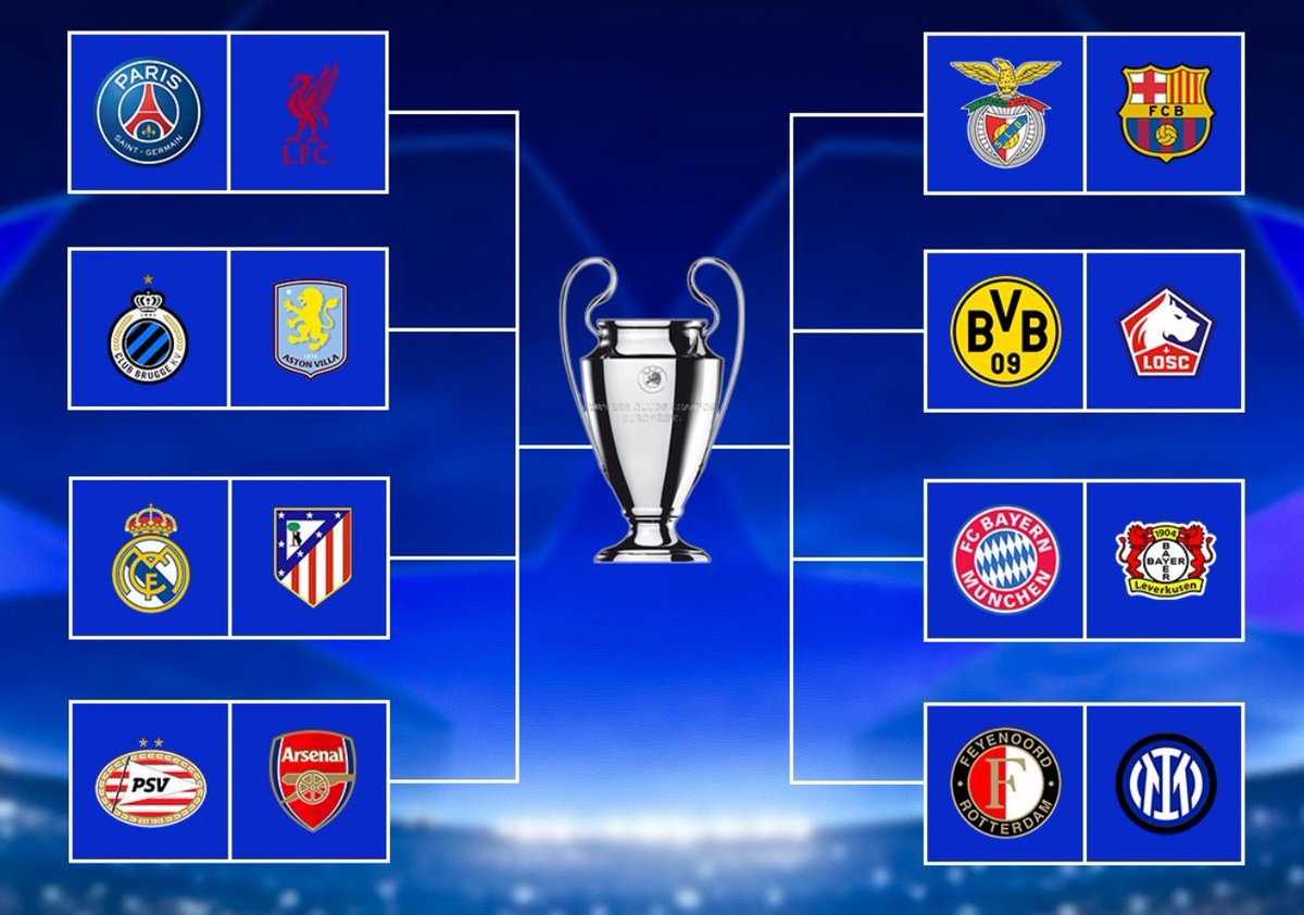 taticobol's tweet photo. Definido os confrontos da uefa champions league. 

Real Madrid x atlético de Madrid 
Bayern de Munique x Bayer Leverkusen 
Aston Villa x Brugge 
Psv x Arsenal 
Psg x Liverpool 
Benfica x Barcelona 
Dortmund x Lille 
Feyenoord x Inter
Psv x Arsenal https://t.co/AJs9Kv6Fm5
