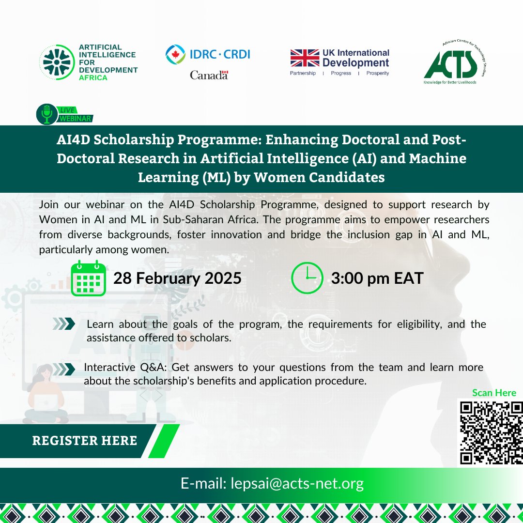 ACTSNET's tweet image. 📣Join our Webinar!   

🗓️28 February 2025
🕒3:00 pm EAT
The AI4D Scholarship aims to support research by women in AI &amp;amp; ML in Sub-Saharan Africa. We will learn about the goals of the program, requirements, assistance offered and much more!

Register here: us06web.zoom.us/webinar/regist…