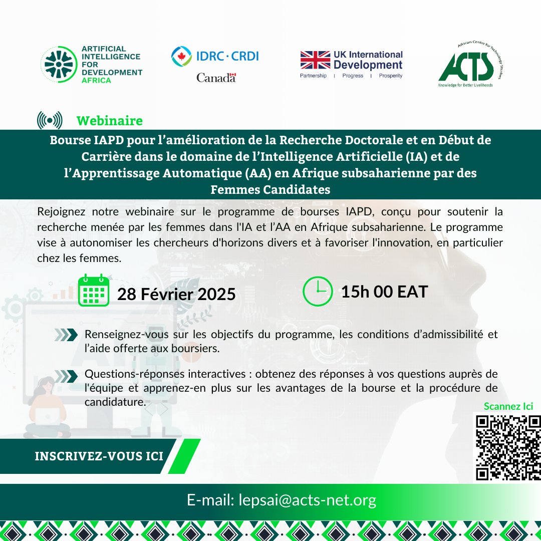 ACTSNET's tweet image. 📣Join our Webinar!   

🗓️28 February 2025
🕒3:00 pm EAT
The AI4D Scholarship aims to support research by women in AI &amp;amp; ML in Sub-Saharan Africa. We will learn about the goals of the program, requirements, assistance offered and much more!

Register here: us06web.zoom.us/webinar/regist…