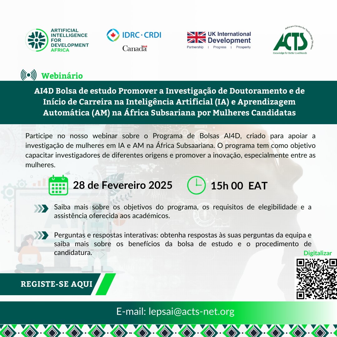 ACTSNET's tweet image. 📣Join our Webinar!   

🗓️28 February 2025
🕒3:00 pm EAT
The AI4D Scholarship aims to support research by women in AI &amp;amp; ML in Sub-Saharan Africa. We will learn about the goals of the program, requirements, assistance offered and much more!

Register here: us06web.zoom.us/webinar/regist…