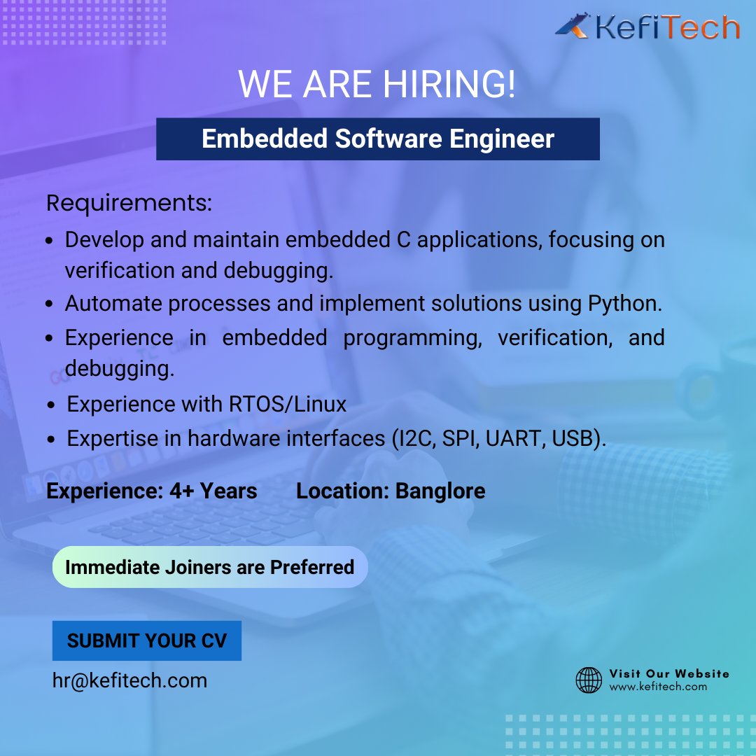 KefiTech's tweet image. @KefiTech is #hiring for #EmbeddedSoftwareEngineer !
#embeddedjobs #Bangalorejobs #pythonjobs #bangalorejobs