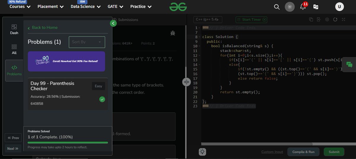 UdayIge's tweet image. #GfG160: 160 days of problem-solving! 🚀

✅ Day 99: Parenthesis Checker done.

#geekstreakchallenge
#geekstreak2024 #gfg160

@geeksforgeeks
