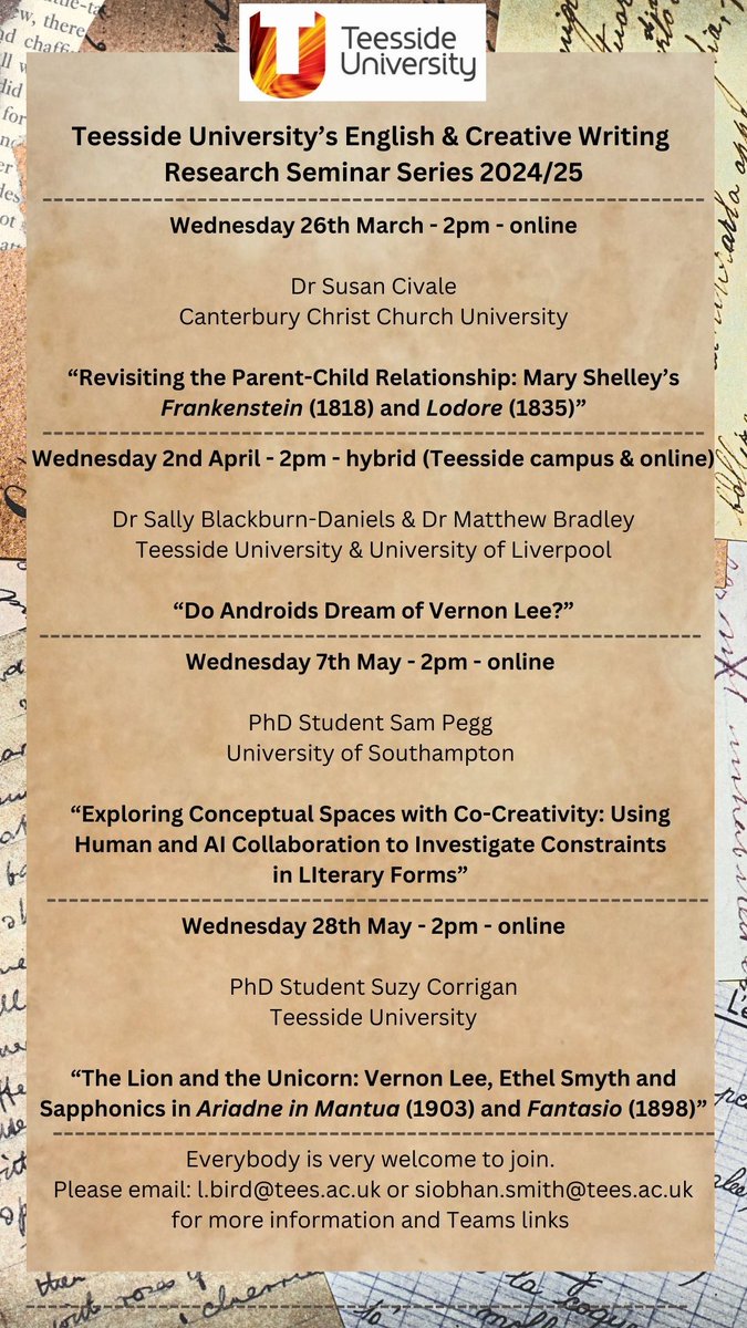 Wednesday afternoons at 2pm (UK time) are the perfect time to hear interesting research, new ideas and different perspectives ... why not join us online for Teesside University's English &amp; Creative Writing Research Seminar Series..... everybody is welcome