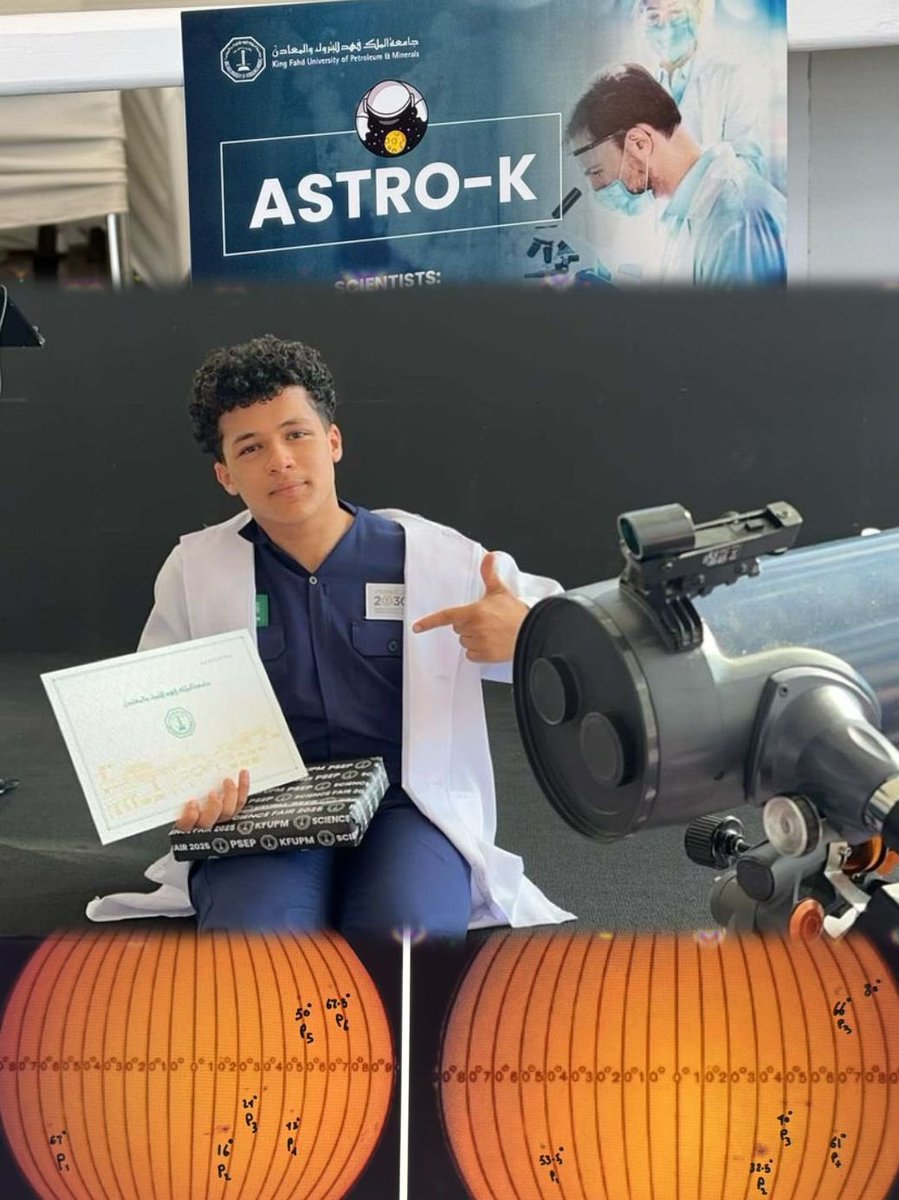 نبارك للطالب مازن الجزائري حصوله على المركز الاول🥇في معرض الابحاث والعلوم “Science Fair 2025”
استطاع فيه ان يثبت نظرية الدوران التفاضلي للشمس عن طريق جمع بيانات تصويرية للشمس باستخدام البقع السوداء كمرجع للدوران على ٣ ايام متتالية واحتسب درجة تحركها وسرعتها حول نفسها كل ٢٤ ساعة
