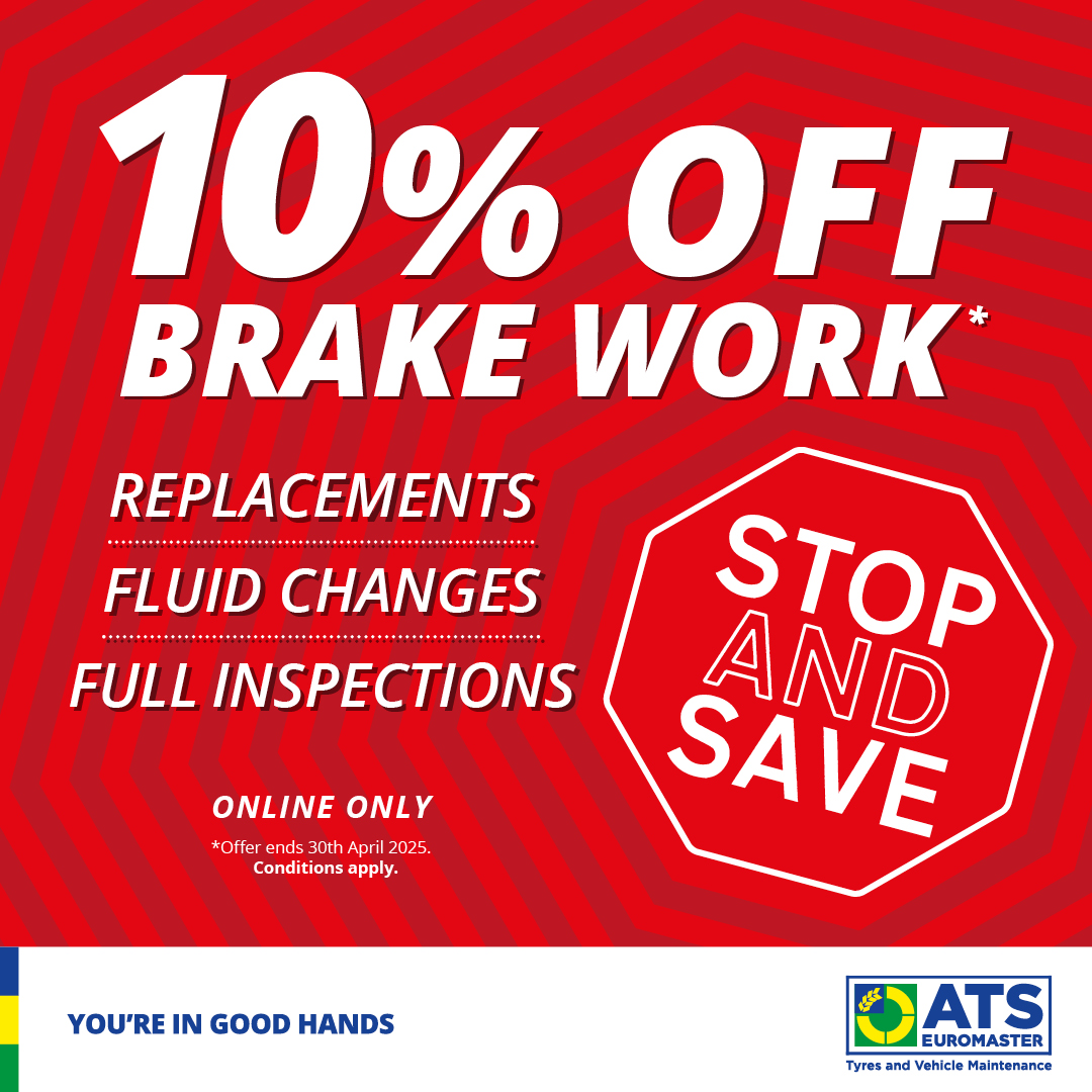 Reliable brakes mean a safer drive.

Get 10% off all brake work*, from fluid changes to full replacements, and keep your vehicle performing at its best.

Find out more: tinyurl.com/285drybr

*T&amp;Cs Apply.

#ATSEuromaster #Brakes #Offer