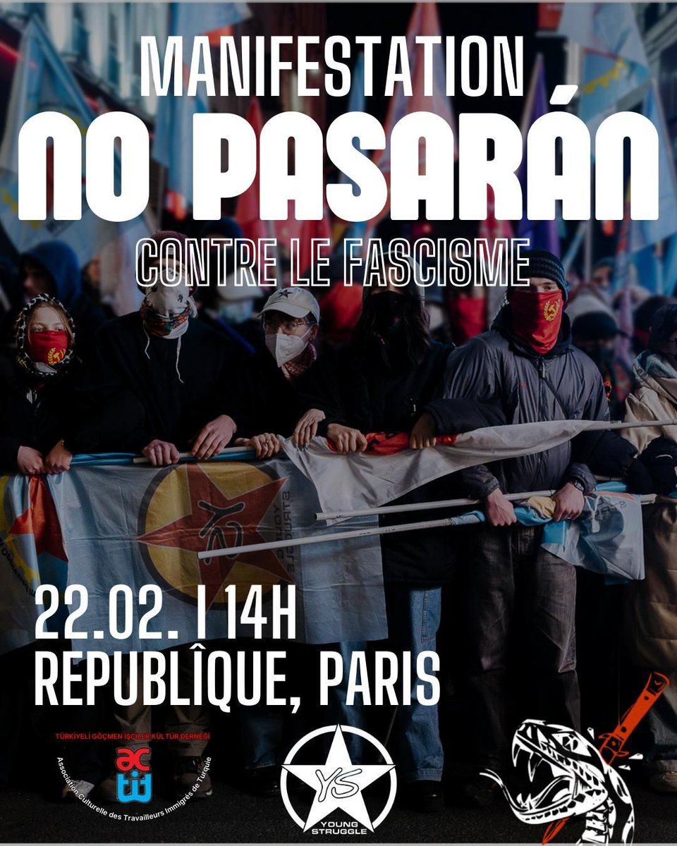 Samedi 22 février à Paris : Contre le fascisme, solidarité antiraciste !L’heure est à la riposte ! 
🤜12H30 départ devant la gaité lyrique occupée jusqu'à place de la république
🤜14H00 départ de la place de la république avec <a href="/FRYoungStruggle/">Young Struggle France 🇵🇸🇳🇨</a> et <a href="/ACORT5/">L'ACORT</a>