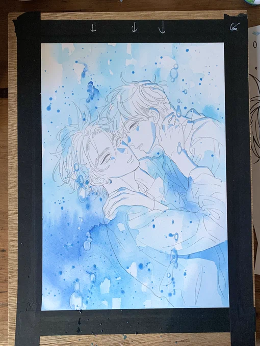 カバーイラストざっくり塗り工程 ①白抜き部分にマスケットインクをスパッタリング ②下塗り ③塗り終わり...ちょっと画面寂しい&背幅分足りない! ④気泡と背幅を描き足し～ コミックス情報upしたのでぜひチェックしてくださいねよろしくお願いします #きみ色に溺れたい
