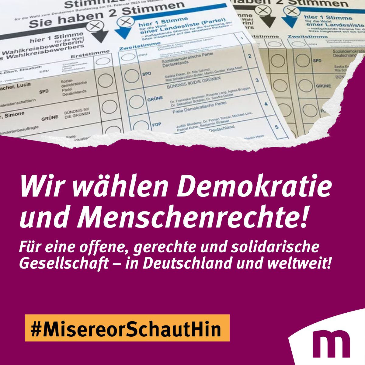 Wir gehen wählen – für Demokratie und Menschenrechte! 🗳️✊

Weltweit kämpfen Menschen für Demokratie und Menschenrechte – und oft zahlen sie dafür mit ihrer Freiheit oder ihrem Leben. In Deutschland haben wir das Privileg, frei zu wählen. Sorgen wir dafür, dass es so bleibt!

✅