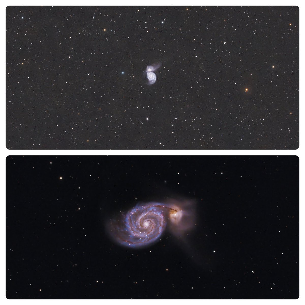 Hoy en #cielosESA...

<a href="/AlfonsoJoseMer1/">Alfonso Jose Merino</a> nos envía estas dos impresionantes imágenes de M51 tomadas con 2 diferentes distancias focales.  La imagen superior con equipo de 280mm y la de abajo con 1400mm de distancia focal.

¡Muchas gracias <a href="/AlfonsoJoseMer1/">Alfonso Jose Merino</a> por tus fotos!
Etiqueta