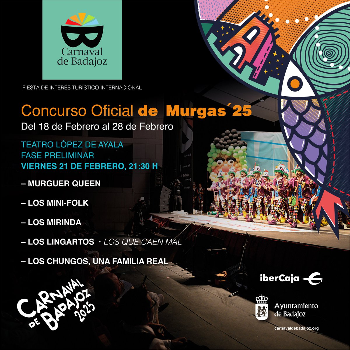 Carnaval de Badajoz (@carnavalbjz) on Twitter photo 💥Cuarto y último día de preliminares del #COMBA2025 del #carnavaldebadajoz con:
<a href="/MQMurguerQueen/">Murga Murguer Queen</a>
<a href="/murga_minifolk/">Murga Los Mini-Folk</a>
<a href="/LOSMIRNDA/">Murga Los Mirinda</a>
<a href="/MurgaLingartos/">Murga Los Lingartos 🦎</a>
<a href="/murgaloschungos/">Murga Los Chungos</a> 💥Cuarto y último día de preliminares del #COMBA2025 del #carnavaldebadajoz con:
<a href="/MQMurguerQueen/">Murga Murguer Queen</a>
<a href="/murga_minifolk/">Murga Los Mini-Folk</a>
<a href="/LOSMIRNDA/">Murga Los Mirinda</a>
<a href="/MurgaLingartos/">Murga Los Lingartos 🦎</a>
<a href="/murgaloschungos/">Murga Los Chungos</a>