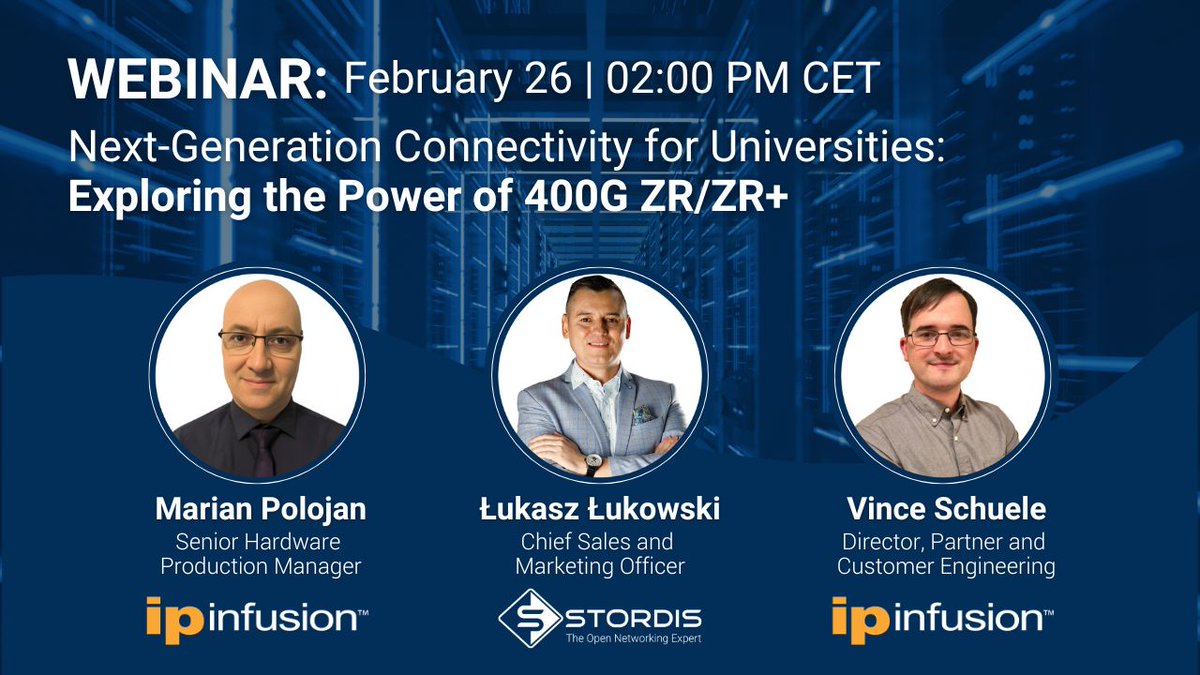 STORDIS – The Open Networking Expert (@stordis_gmbh) on Twitter photo 🚀WEBINAR REMINDER🚀
NEXT-GENERATION CONNECTIVITY FOR UNIVERSITIES: EXPLORING THE POWER OF 400G ZR/ZR+
🔗 Register Now! 👉 us06web.zoom.us/webinar/regist…
📅 Date: Feb 26, 2025
⏰ Time: 2 PM CET
🖥️ Where: Zoom
Don’t miss out—secure your spot today! 🚀
#Webinar #400G <a href="/IPInfusion/">IP Infusion</a> 🚀WEBINAR REMINDER🚀
NEXT-GENERATION CONNECTIVITY FOR UNIVERSITIES: EXPLORING THE POWER OF 400G ZR/ZR+
🔗 Register Now! 👉 us06web.zoom.us/webinar/regist…
📅 Date: Feb 26, 2025
⏰ Time: 2 PM CET
🖥️ Where: Zoom
Don’t miss out—secure your spot today! 🚀
#Webinar #400G <a href="/IPInfusion/">IP Infusion</a>