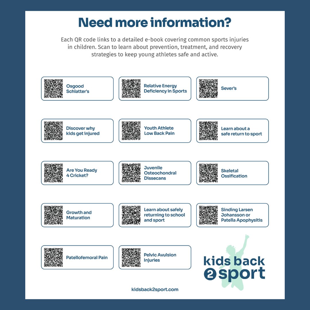 angiejphysio (@angiejphysio) on Twitter photo Where can health professionals signpost parents and coaches to source up to date information about youth athlete injuries?
<a href="/kidsback2sport/">kidsback2sport</a> is an educational site providing free resources, videos and downloads about common injuries. Download the QR code sheet for your dept Where can health professionals signpost parents and coaches to source up to date information about youth athlete injuries?
<a href="/kidsback2sport/">kidsback2sport</a> is an educational site providing free resources, videos and downloads about common injuries. Download the QR code sheet for your dept