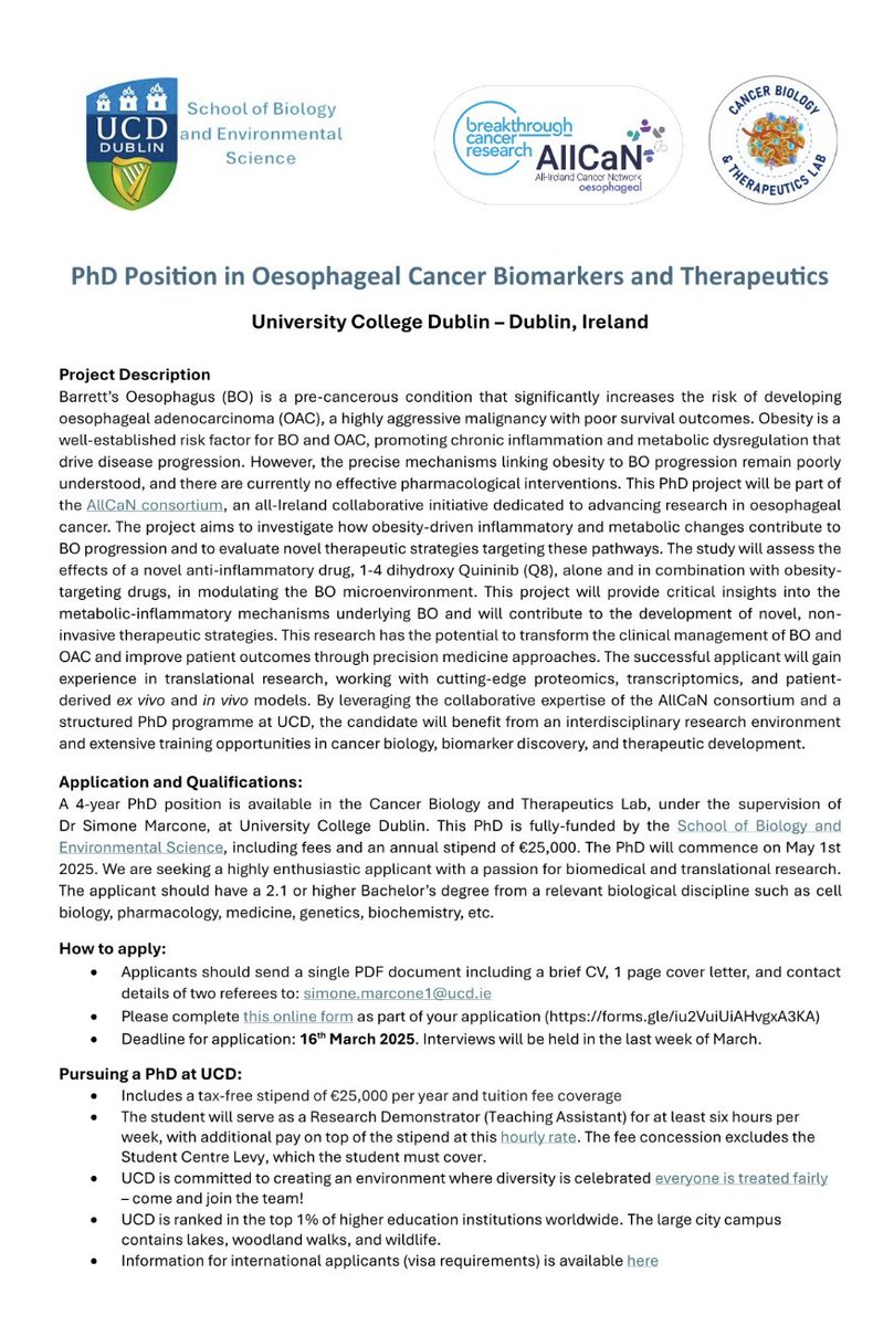 PhD Position in Oesophageal Cancer Biomarkers and Therapeutics University College Dublin - Dublin, Ireland