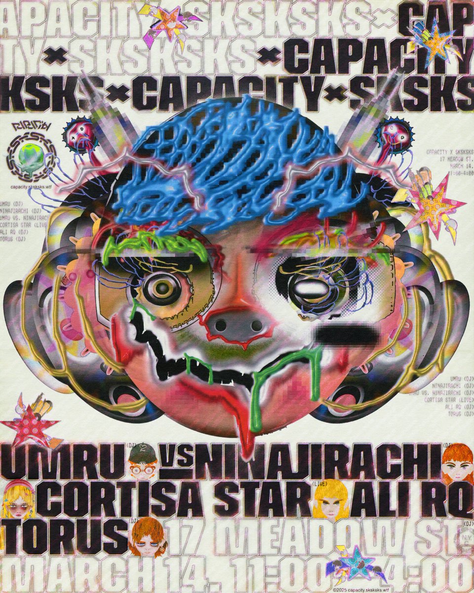 umru_'s tweet photo. FULL LINEUP REVEAL
Capacity × SKSKSKS
March 14, 11:00–4:00
@CortisaStar
@torusVEVO
#AliRQ
@umru_
@ninajirachi
@umru_ vs. @ninajirachi
Poster by @_virus2020 & me
17 Meadow St. Brooklyn, NY
🎟️ ↓ https://t.co/jdnu1Janoy