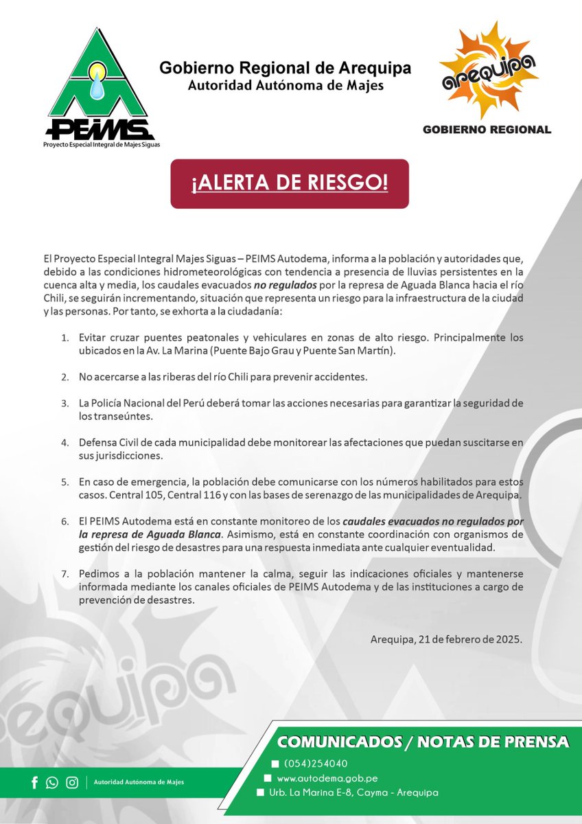 #Arequipa #Emergencia la descarga ocasiona crecida del río Chili, tres puentes en riesgo en la ciudad