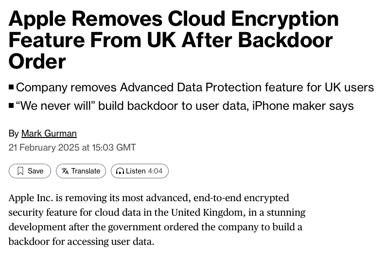 SimpleXChat's tweet photo. Apple refused the UK government request to install backdoor and removed the feature instead. 👇 https://t.co/PTrV8NP8CR
