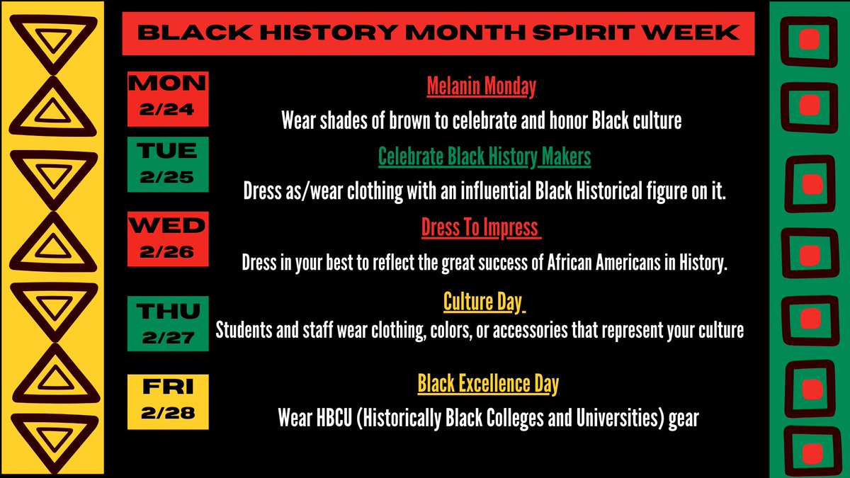 Whew! 😅 
What a snow week! So glad to see everyone in the building today as we get prepped for our Black History Spirit week next week. 

We may have had an unexpected week away from the celebrations, but that won’t slow us down!
