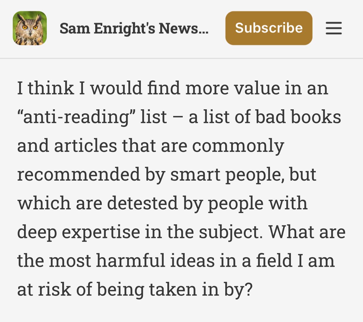 Alec Stapp (@alecstapp) on Twitter photo Fun question from <a href="/Sam__Enright/">Sam Enright</a>:
What’s the “anti-reading list” in your field of expertise? Fun question from <a href="/Sam__Enright/">Sam Enright</a>:
What’s the “anti-reading list” in your field of expertise?