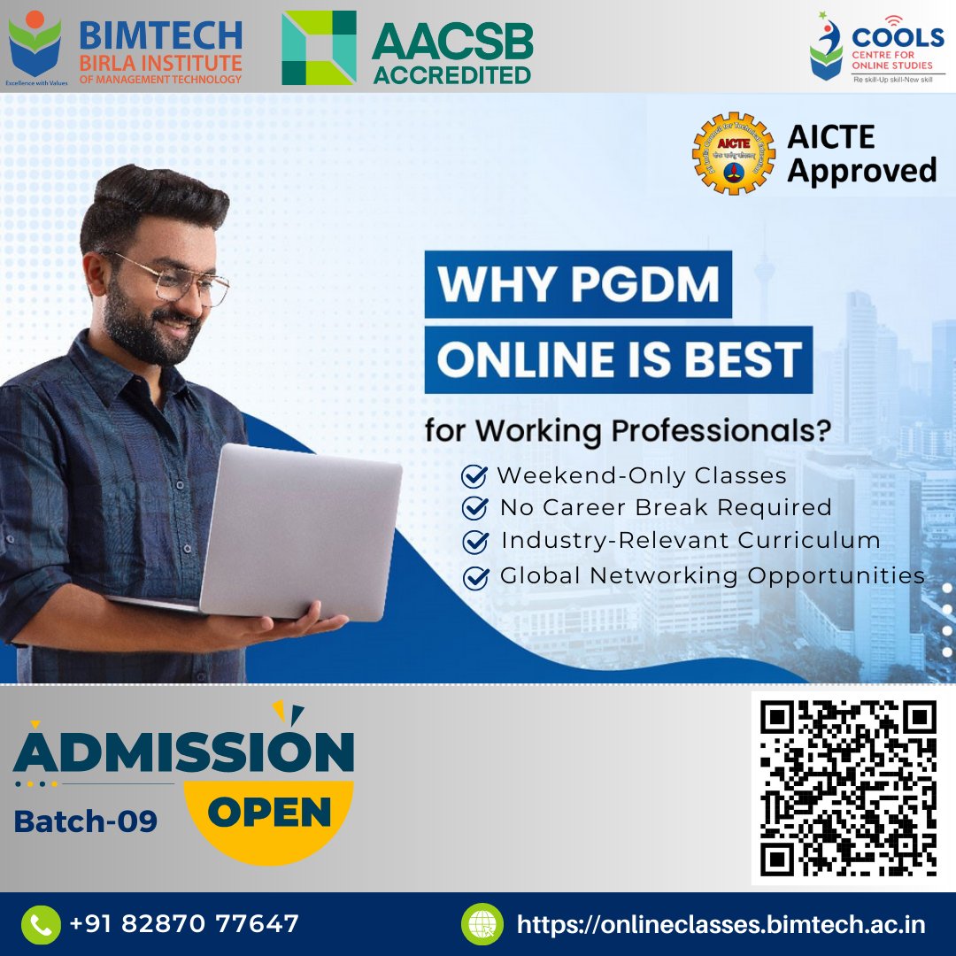 bimtech_cools's tweet photo. 🚀 Advance Your Career Without a Pause! 🎓

Upgrade your skills with a PGDM Online—designed for working professionals with weekend-only classes, no career break, and industry-relevant learning! 🌍📚

#PGDMOnline #CareerGrowth #FlexibilityMatters #BIMTECH #BIMTECHCOOLS https://t.co/nYTIKy49bG