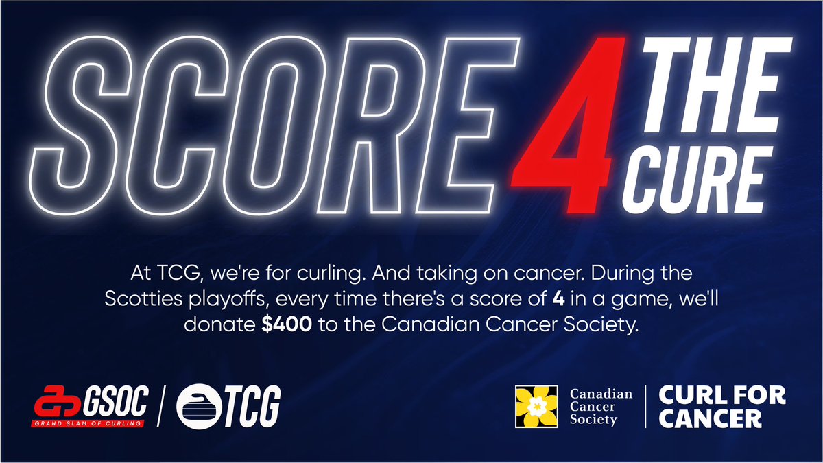 🔥 The Scotties playoffs start TODAY – and that means it’s time to #Score4TheCure!

Every 4-ender during the Scotties playoffs = $400 donated by <a href="/thecurlinggroup/">The Curling Group</a> to the <a href="/cancersociety/">Canadian Cancer Society</a>’s Curl for Cancer program.

Big ends. Big moments. Big impact. 💛

📍 Learn more: