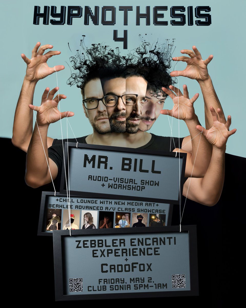 mrbillstunes's tweet image. Doing a workshop and AV set at Club Sonia on May 2 for the culmination of the Advanced Audio-Visual study class taught by Zebbler at Berklee College of Music! Performances by @ZebblerEncanti , CadoFox, and some students.
More info here: hypnothesis.com