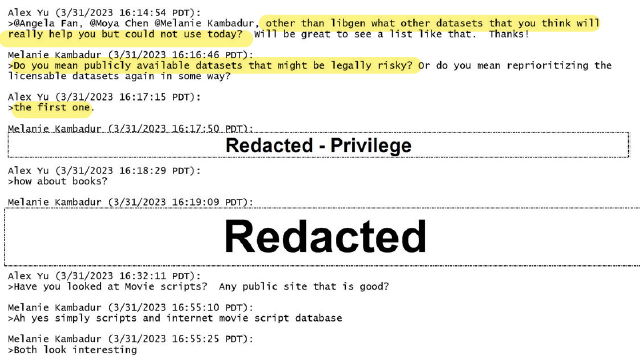 jason_kint's tweet photo. Here a key exec is asking for the list of "legally risky" datasets. I would assume some of these questions were being back channeled to the top. A big ring of protection around the king as they do whatever they can to catch up. /11 https://t.co/ogDEoSJBkR