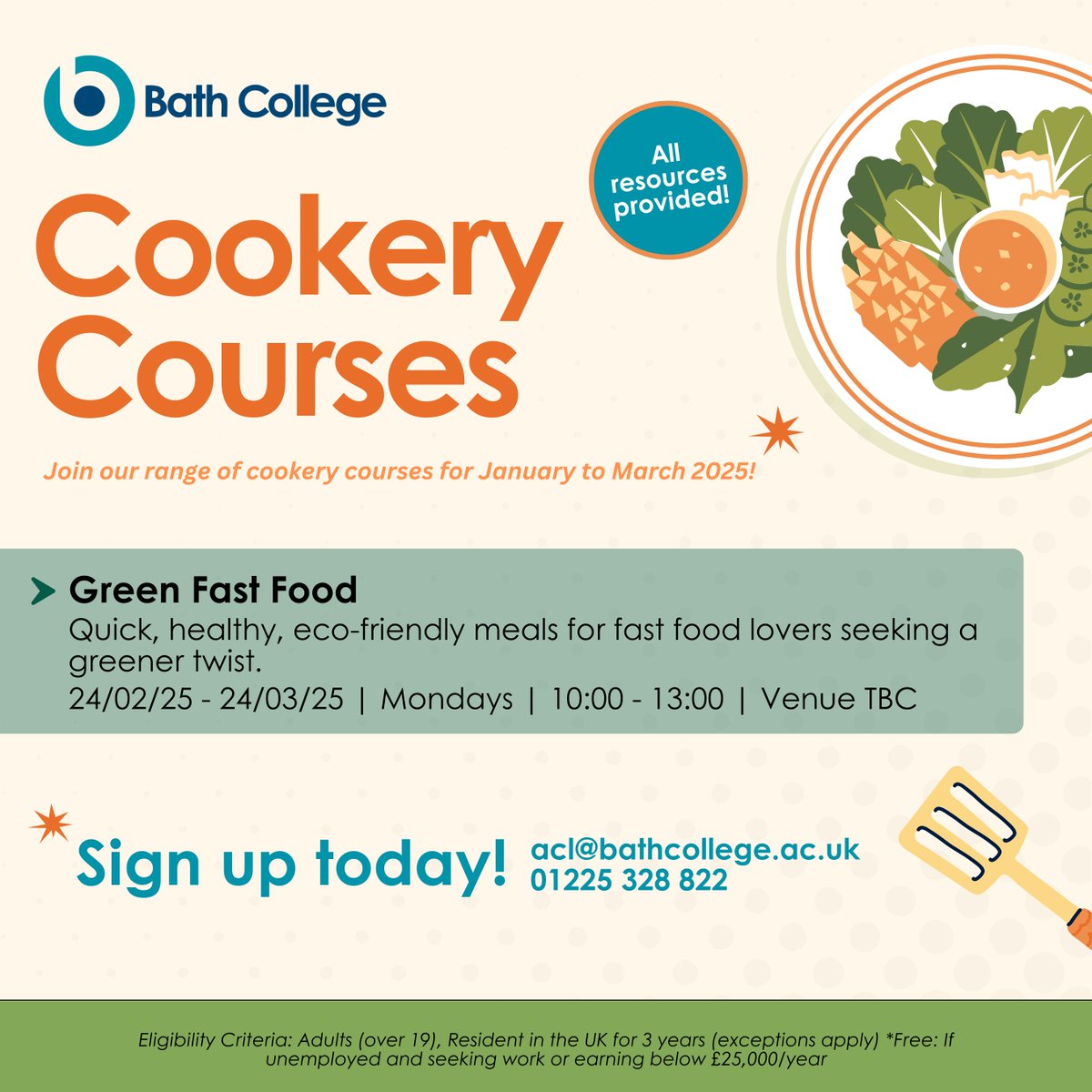 BathCollege's tweet image. 🥗🍔 Love fast food but want a greener, healthier twist? Join our Green Fast Food course!

🗓 24th Feb - 24th March
📅 Mondays | ⏰ 10 AM - 1 PM
📍 Venue: TBC

Sign up now! ✉️ acl@bathcollege.ac.uk | 📞 01225 328 822 | Eligibility applies. 

#bathcollege #bath #cookerycourse