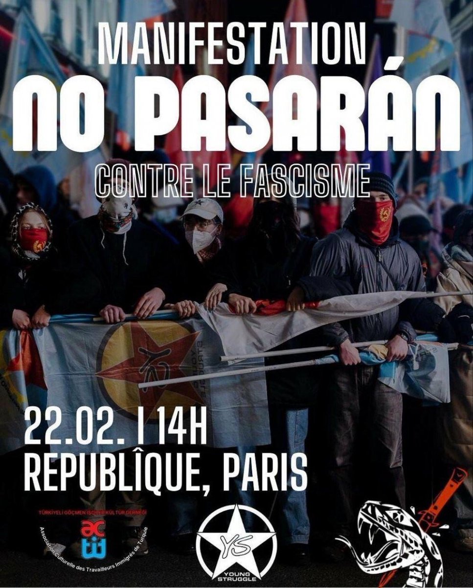 SolidairesParis's tweet photo. 📣 Manifestation antifasciste après l’attaque visant Young Struggle (YS) et l'association des Travailleurs Immigrés de la Turquie et du Kurdistan (ACTIT) 
📍samedi 221 février à 14h - place de la République
#ysparis1602 #actitantifa https://t.co/FnUMpGliIw