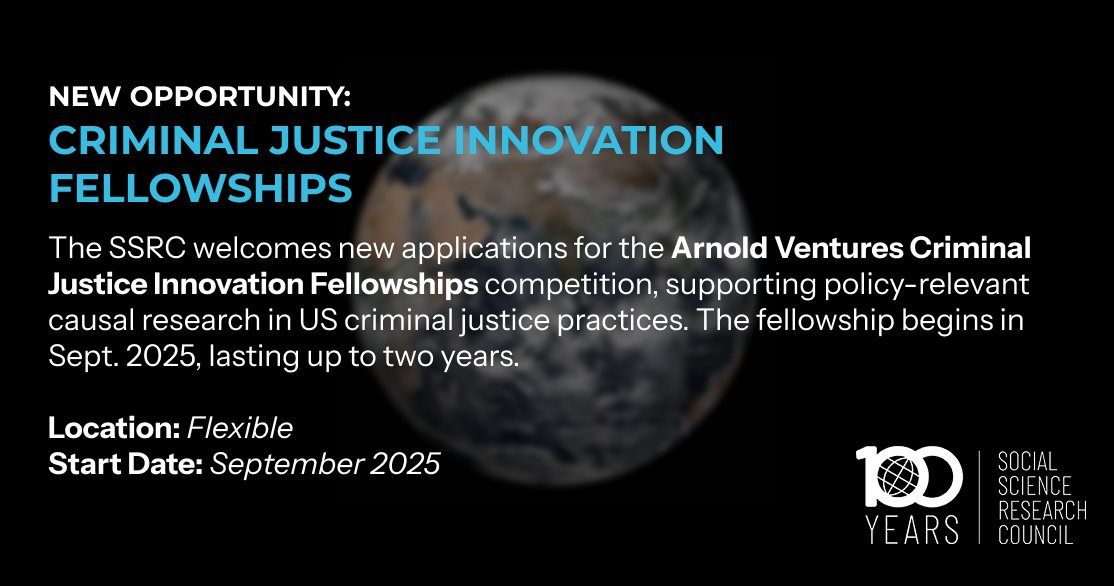 SSRC (@ssrc_org) on Twitter photo The SSRC is seeking applicants for two postdoctoral fellowships in criminal justice.
First, apply now for the <a href="/Arnold_Ventures/">Arnold Ventures</a> Criminal Justice Innovation Fellowship, supporting policy-relevant causal research on US criminal justice practices:
bit.ly/414wNsj The SSRC is seeking applicants for two postdoctoral fellowships in criminal justice.
First, apply now for the <a href="/Arnold_Ventures/">Arnold Ventures</a> Criminal Justice Innovation Fellowship, supporting policy-relevant causal research on US criminal justice practices:
bit.ly/414wNsj