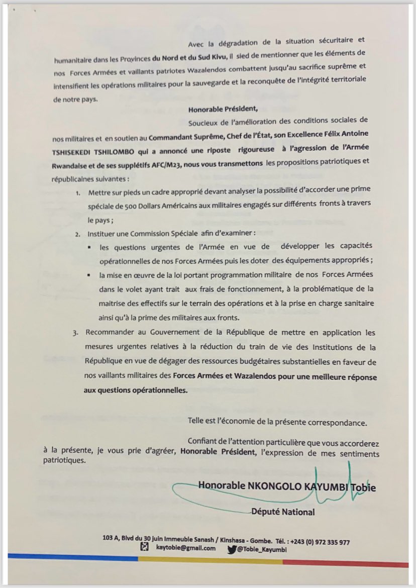 johnkabeyajlk's tweet image. RDC| Conflit M23-Rwanda.

Dans le cadre de l’effort de guerre, liant l'acte à la parole, le député national @Tobie_Kayumbi vient d'écrire au Président de l'Assemblée nationale, autorité budgétaire, avec copie réservée au Président de la République et à la Première Ministre, au…