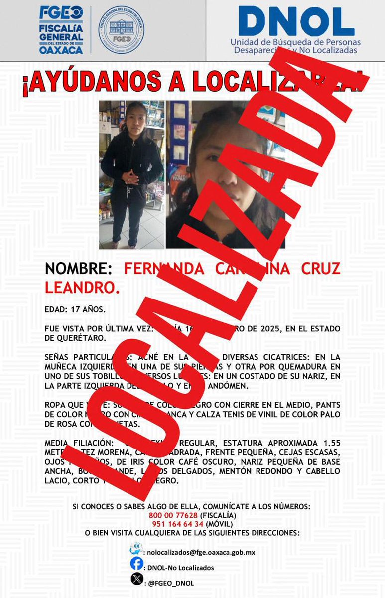 ContraProMx's tweet photo. @FISCALIA_GobOax localiza en #Guanajuato a adolescente #mixe enganchada por redes sociales con fines #sentimentales
*Trabajo colaborativo con la Fiscalía de Guanajuato permitió la localización y recuperación de adolescente, además brinda #FGEO atención integral a la víctima directa e indirecta
#Oaxaca de Juárez, Oax. a 21 de febrero de 2025.- La Fiscalía General del Estado de Oaxaca (FGEO) logró la localización de una adolescente de origen mixe en el estado de #Guanajuato, después de que fuera enganchada por redes sociales, esta acción se realizó en estrecha colaboración con la Fiscalía General de Guanajuato.
El organismo procurador de justicia activó los protocolos de búsqueda y localización tras recibir la denuncia por la no localización de una adolescente de 17 años – cuyos datos están reservados por ley-, quien de acuerdo con la denuncia, el 13 de febrero salió de su domicilio ubicado en San Francisco Jayacaxtepec, #Totontepec Villa de Morelos, después de dejarle una nota a sus familiares en la que informaba que se iría a Querétaro con su pareja que había conocido por redes sociales.
Ante esta situación la familia acudió a la Fiscalía de Oaxaca, la cual a través de la Unidad de Búsqueda de Personas Desaparecidas y No Localizadas (@FGEO_DNOL), que pertenecen a la Vicefiscalía General de Atención a Víctimas y la Sociedad, que implementó acciones de búsqueda y localización, así como diversos actos de investigación que permitieron la ubicación de la adolescente en el estado de Guanajuato.
Debido a esto, la FGEO solicitó la colaboración de la Fiscalía General de Guanajuato, pues la adolescente fue ubicada en la población de San José Iturbide, pues además se pidió que la víctima quedará bajo resguardo de esa institución.
Asimismo, la Fiscalía de Oaxaca brindó atención integral a la familia de la víctima, la cual incluyó albergue en la ciudad de Oaxaca mientras se realizaba la investigación, así como atención psicoemocional, además de apoyo de traslado a su comunidad de origen.
En casos de la No localización de personas, la Fiscalía General de Oaxaca aplica investigaciones integrales que permitan tomar en cuenta todas las líneas de investigación que permitan ampliar su capacidad institucional para dar con su paradero.