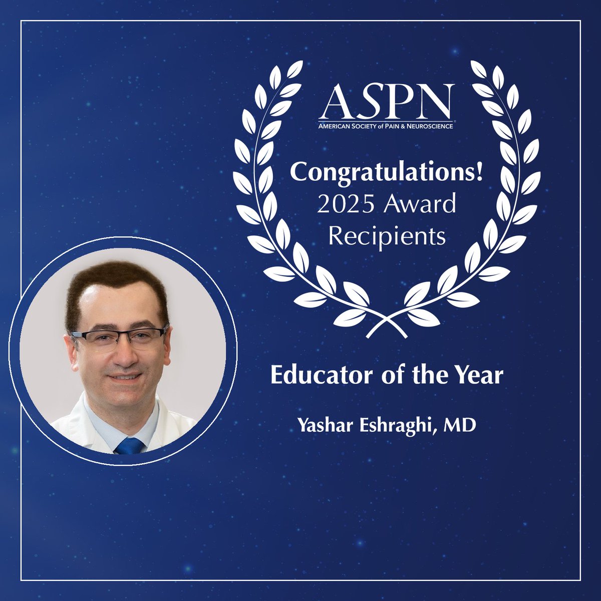 Congratulations to Dr. Yashar Eshraghi on receiving the Educator of the Year Award! His dedication to educating future leaders in the field and advancing pain management research is an inspiration to us all. Please join us in celebrating him! 

#EducatorOfTheYear
@Scorah_ssmb