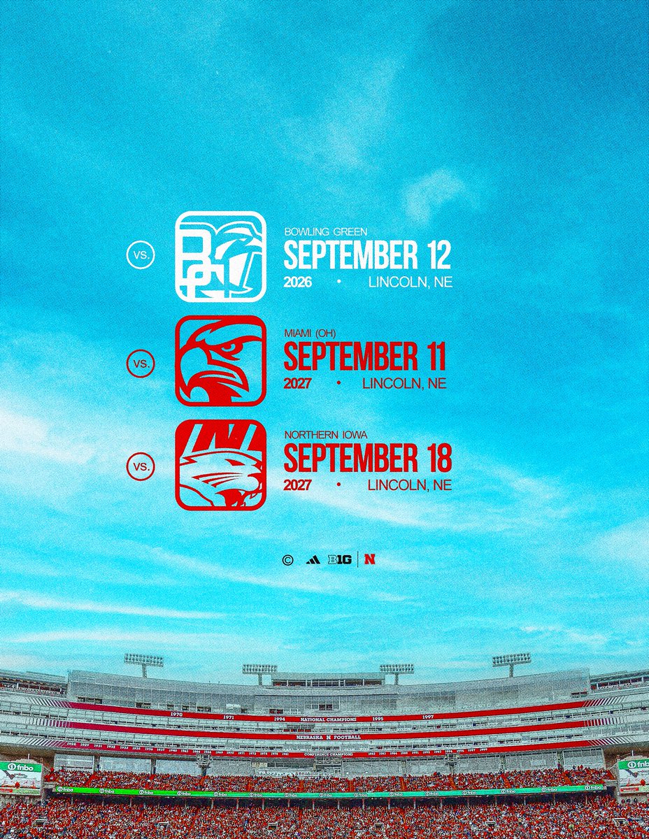 Non-conference schedule updates have been made for 2026 and 2027 🏈📆

🔗 go.unl.edu/xrto

#GBR x #WhatsNExt!