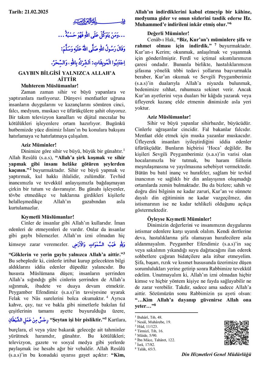 Bu haftaki cuma hutbesinin kısaca manası şudur: 
Ey ümmeti Muhammed ! dini değerleri menfaatleri uğruna istismar eden  ve gözünü şöhret hırsı bürümüş kimselere karşı uyanık olmalı,
 Kur'an ve sünnet 'e bağlı muttakî alimlerden ayrılmayarak yüce İslam'ı bidatlere karşı korumalıyız