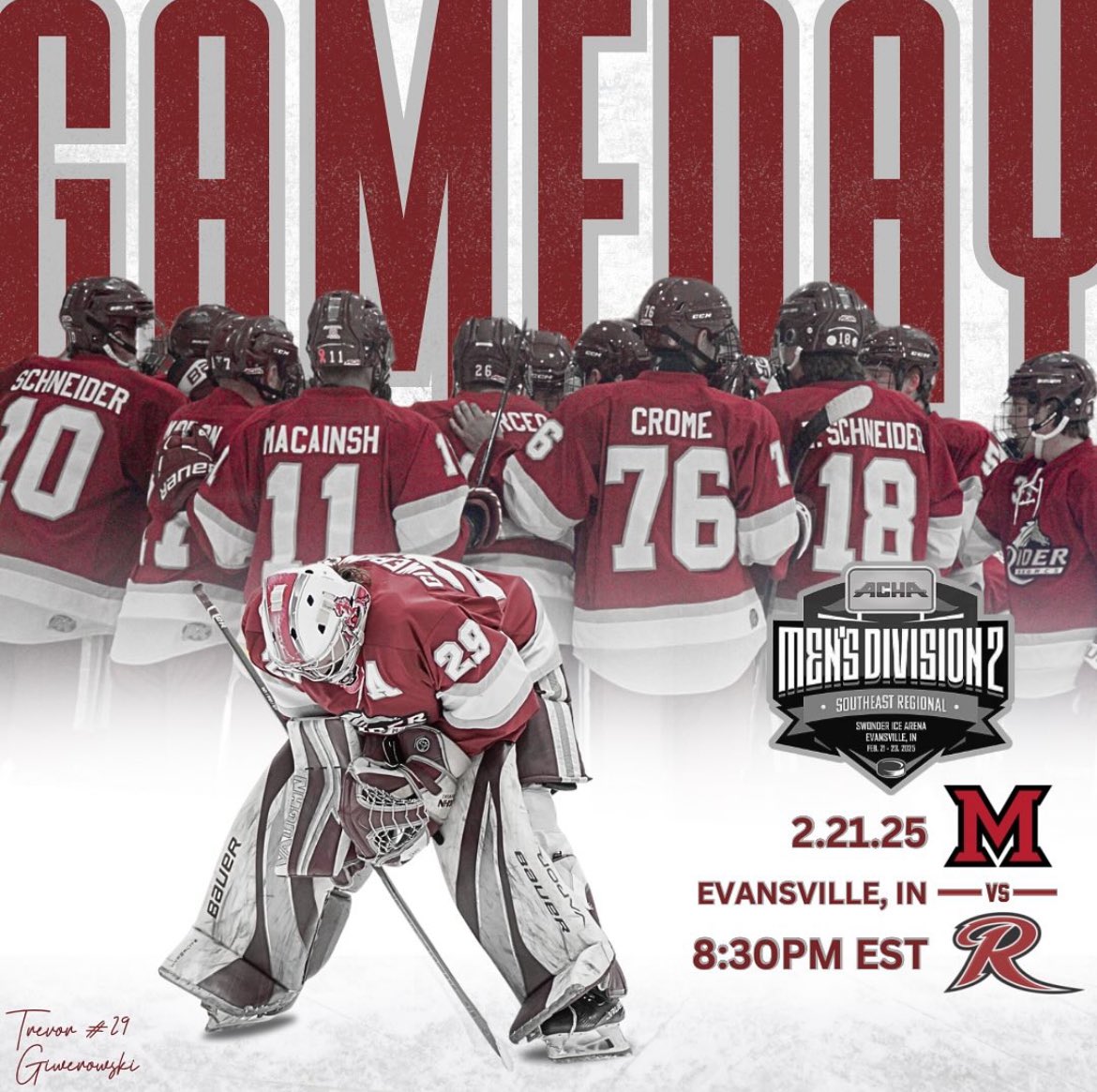 Regionals round 1️⃣ vs the RedHawks

It takes everyone. Time to hunt.

📅 2/21/25
🕰️ 8:30 PM
📍 Swonder Ice Arena, Evansville IN
🆚 <a href="/MiamiClubHockey/">Miami Club Hockey</a> 
📺 FloHockey.com

#RiderIce #TheBrotherhood