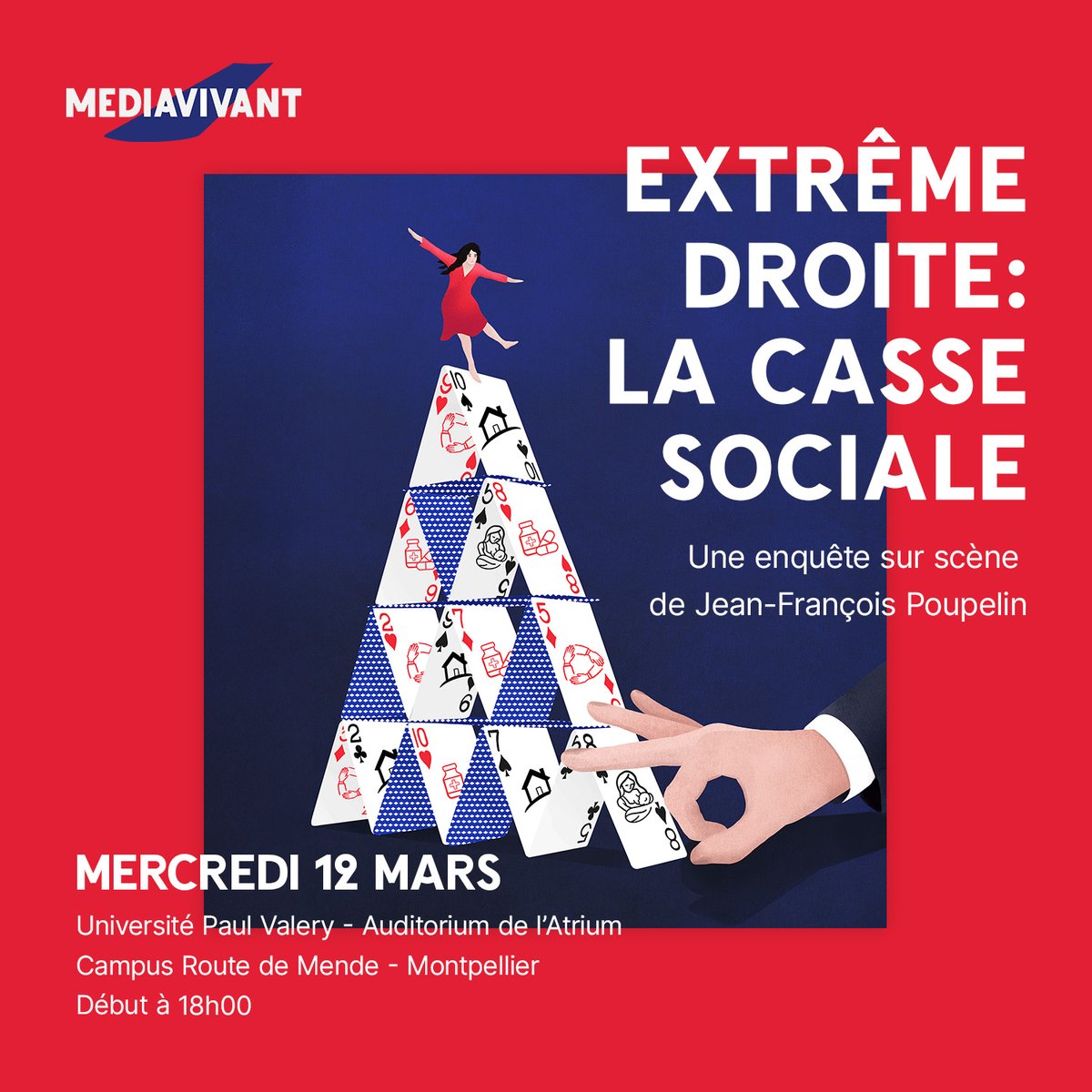 Save The Date : 12 Mars 2025 !  
👉<a href="/Media_vivant/">Mediavivant</a> enquêtera sur scène à #Montpellier  

 L’<a href="/ESJPRO/">ESJ PRO</a> vous invite à découvrir l’enquête : « Extrême droite : la casse sociale ».  

🎟 Inscription gratuite : urls.fr/YdBRkg