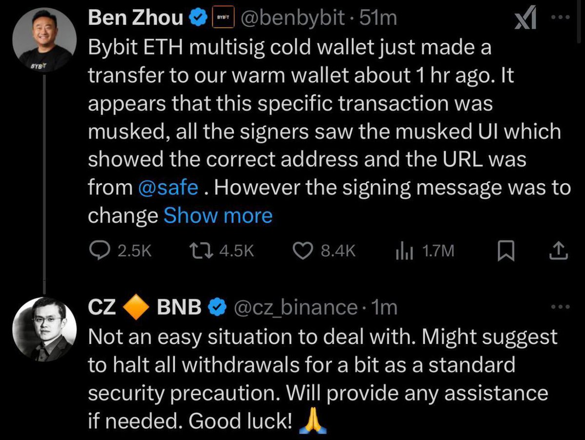 Cointelegraph's tweet photo. 🚨 NEW: Binance founder CZ advised Bybit CEO Ben to temporarily halt withdrawals as a security measure, while Binance co-founder He Yi also offered assistance. https://t.co/eiw3BABQK6