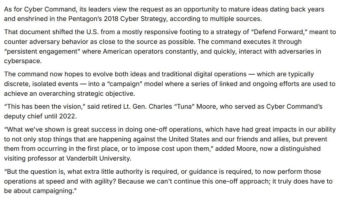 Eric Geller (@ericgeller) on Twitter photo Defense Secretary Pete Hegseth has ordered U.S. Cyber Command to fast-track a long-awaited overhaul plan, <a href="/martinmatishak/">Martin Matishak</a> reports. DOD leadership also wants to know if CyberCom needs new authorities or faces legal hurdles. bit.ly/3D5zHoH Defense Secretary Pete Hegseth has ordered U.S. Cyber Command to fast-track a long-awaited overhaul plan, <a href="/martinmatishak/">Martin Matishak</a> reports. DOD leadership also wants to know if CyberCom needs new authorities or faces legal hurdles. bit.ly/3D5zHoH