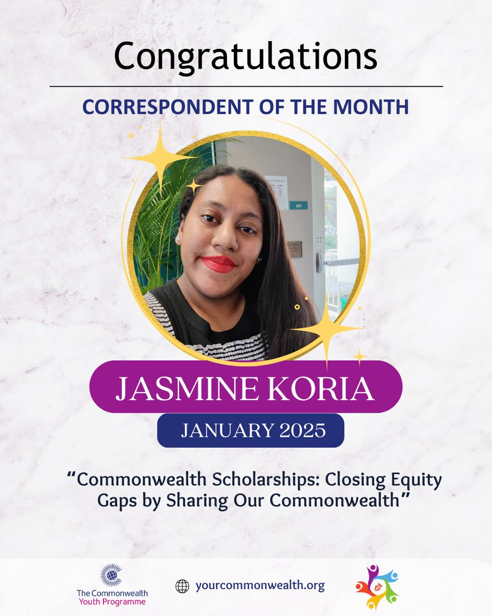 Commonwealth Youth (@comsecyouth) on Twitter photo Congratulations to Jasmine Koria, our January Correspondent of the Month, for her insightful article:
"Commonwealth Scholarships: Closing Equity Gaps by Sharing Our Commonwealth."
Read more at yourcommonwealth.org | <a href="/YourCWVoices/">Yourcommonwealth</a> Congratulations to Jasmine Koria, our January Correspondent of the Month, for her insightful article:
"Commonwealth Scholarships: Closing Equity Gaps by Sharing Our Commonwealth."
Read more at yourcommonwealth.org | <a href="/YourCWVoices/">Yourcommonwealth</a>