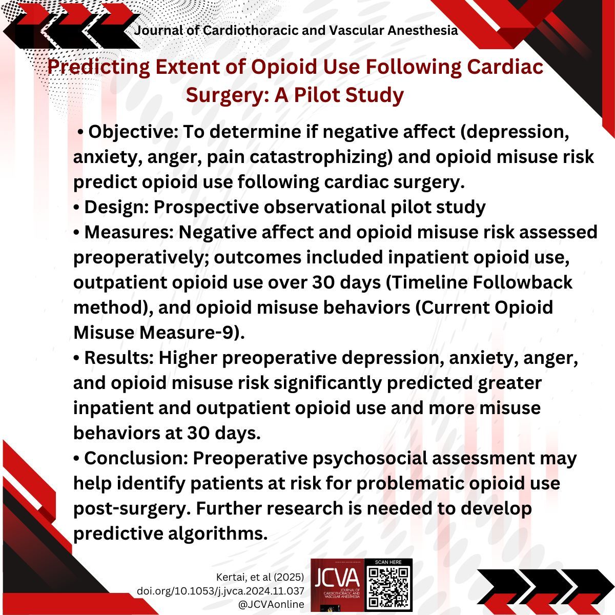 JCVAonline's tweet photo. Patients with higher preoperative levels of negative affect (depression, anxiety, anger, and pain catastrophizing) use more inpatient and outpatient opioid analgesics following cardiac surgery. #painmanagement #opoid
https://t.co/fVHD6PAbJx https://t.co/GYJgZJ812k